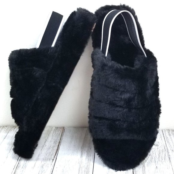Shoes - New Black Fuzz Furry Slingback Slipper Sandals